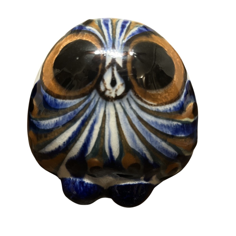 Hand Painted Tonala Pottery Owl Figurine Mexico Folk Art Signed 3.5"